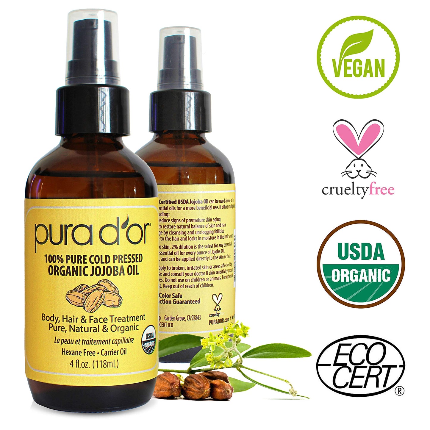 PURA D'OR Organic Jojoba Oil 100% Pure USDA Certified Premium Grade